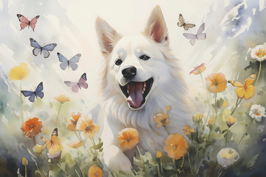 Cão branco com borboletas à volta