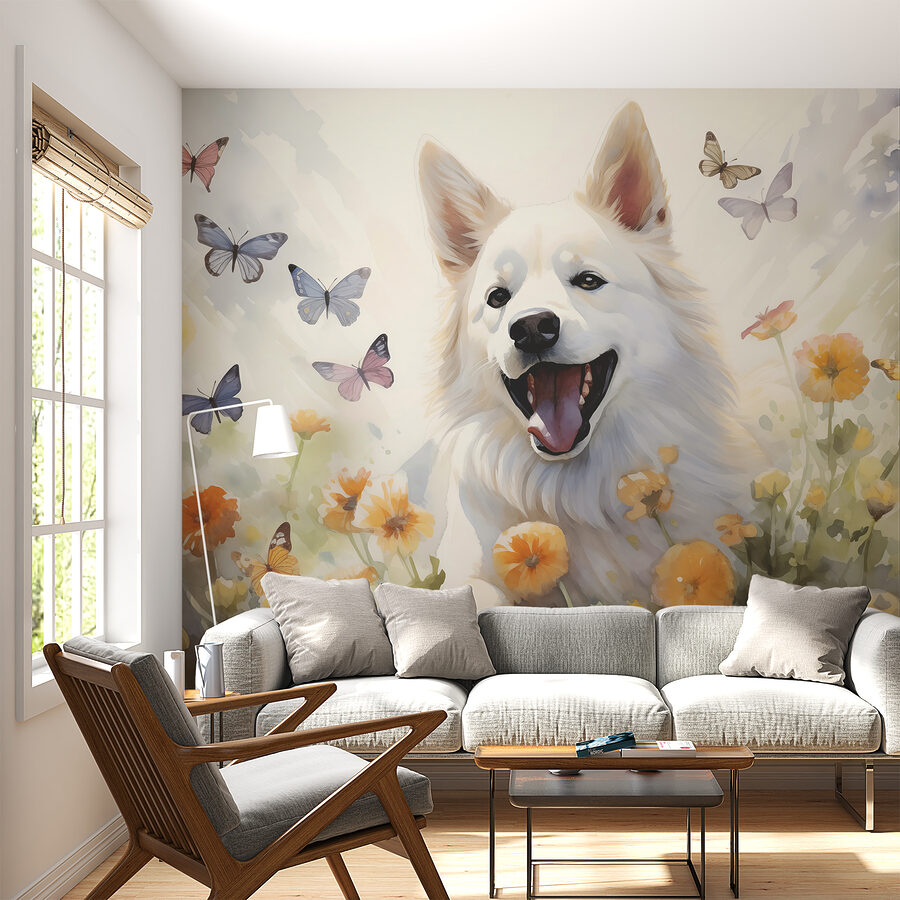 Cão branco com borboletas à volta