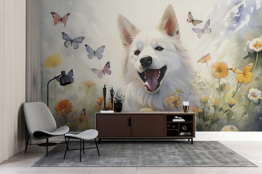 Cão branco com borboletas à volta