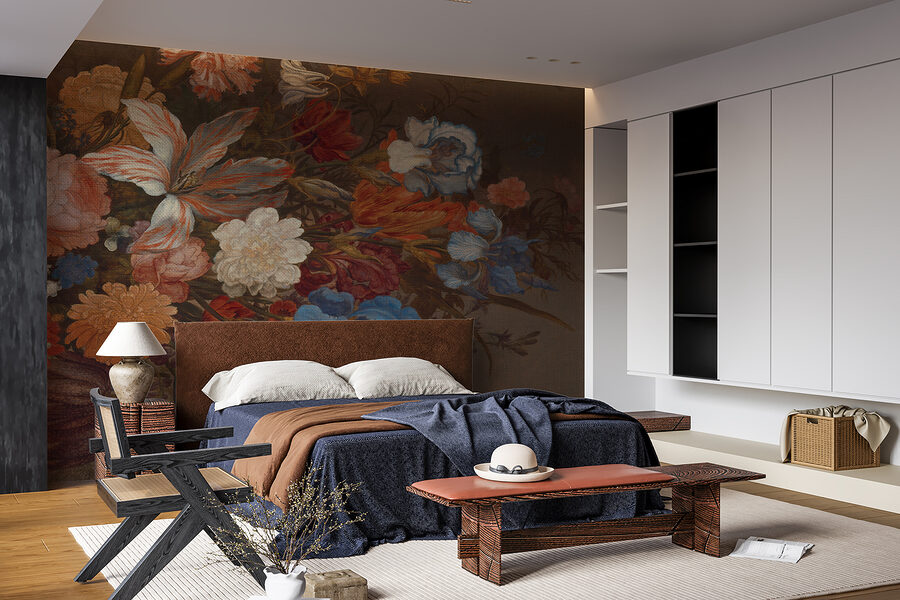 Pintura de flores sobre uma superfície castanha