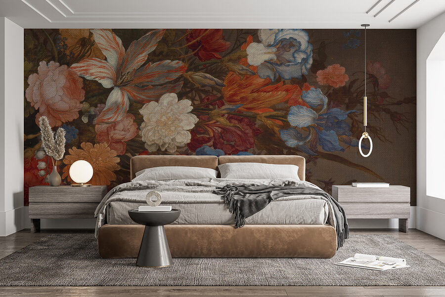 Pintura de flores sobre uma superfície castanha