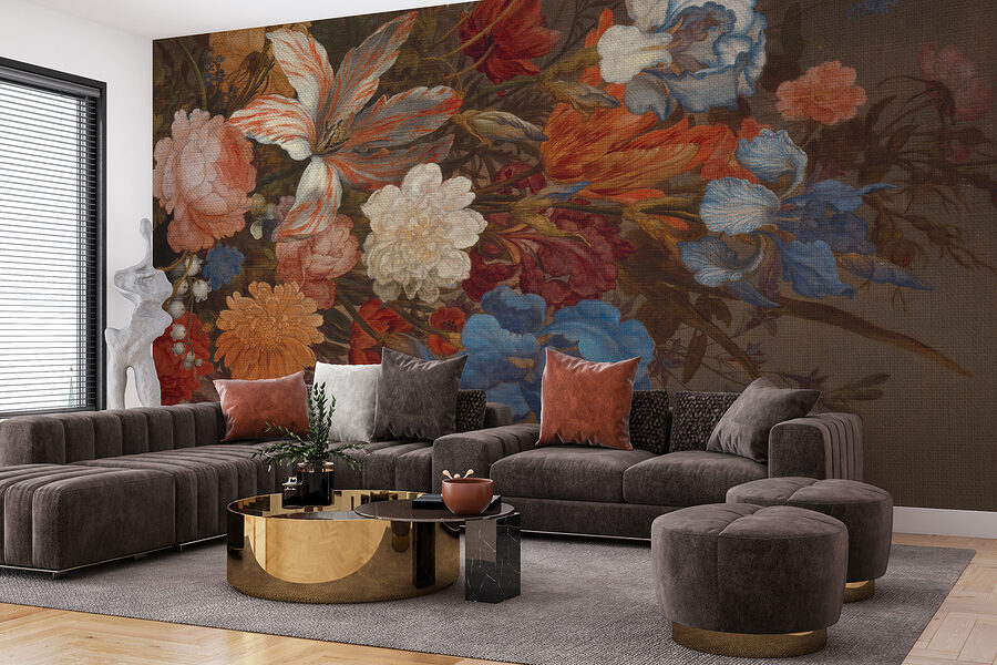 Pintura de flores sobre uma superfície castanha