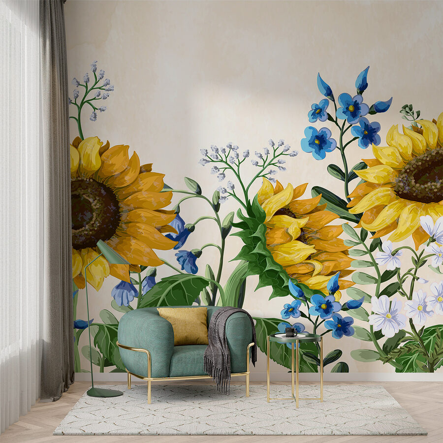 Papel de parede Grupo de girassóis e outras flores
