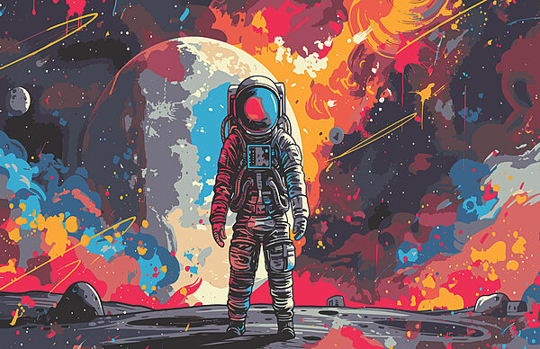 Astronauta no espaço com um grande espaço vermelho e laranja atrás de si Astronauta no espaço com um grande espaço vermelho e laranja atrás de si