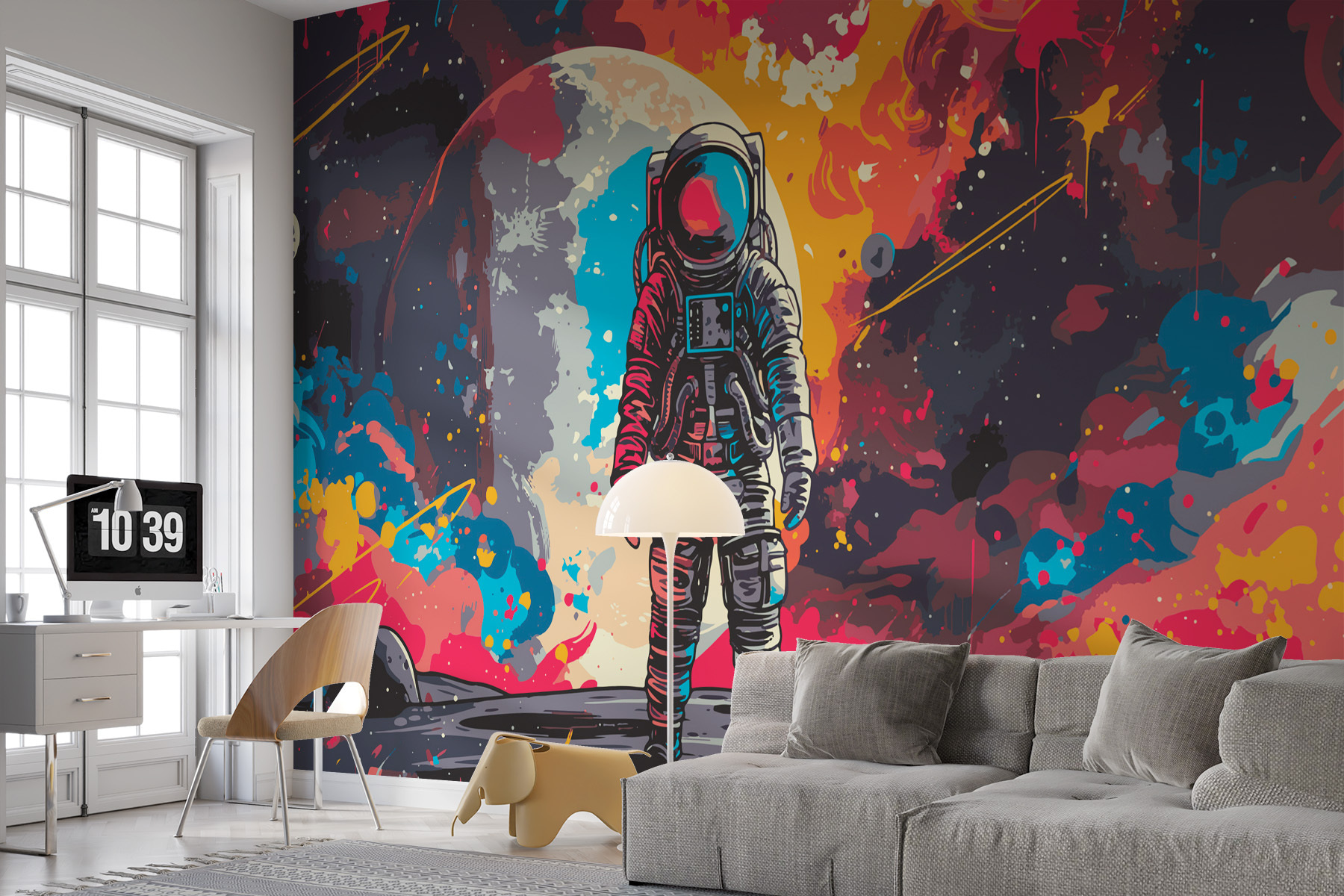 Astronaut in space with a large red and orange space behind him