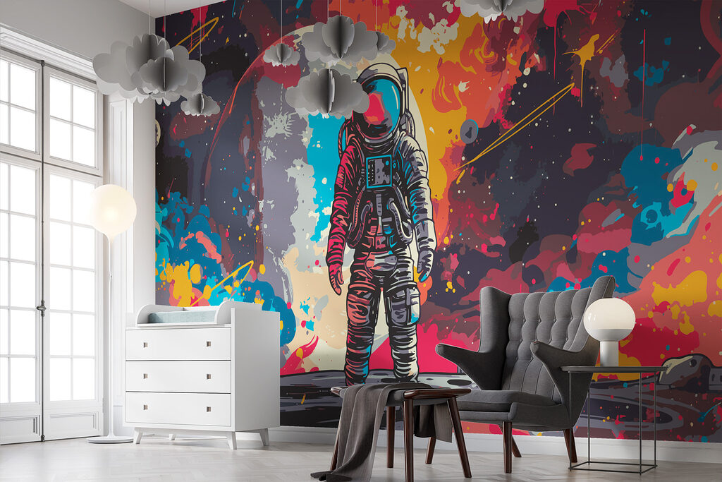 Astronaut in space with a large red and orange space behind him