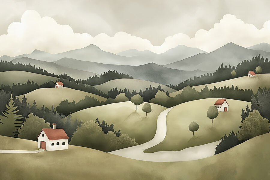 Paisagem com casas e árvores Paisagem com casas e árvores