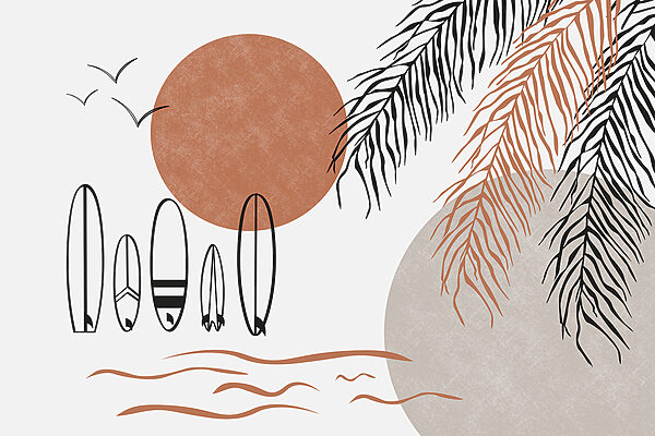 Pranchas de surf e folhas de palmeira Pranchas de surf e folhas de palmeira