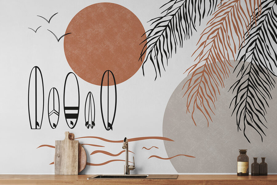 Papel de parede Pranchas de surf e folhas de palmeira