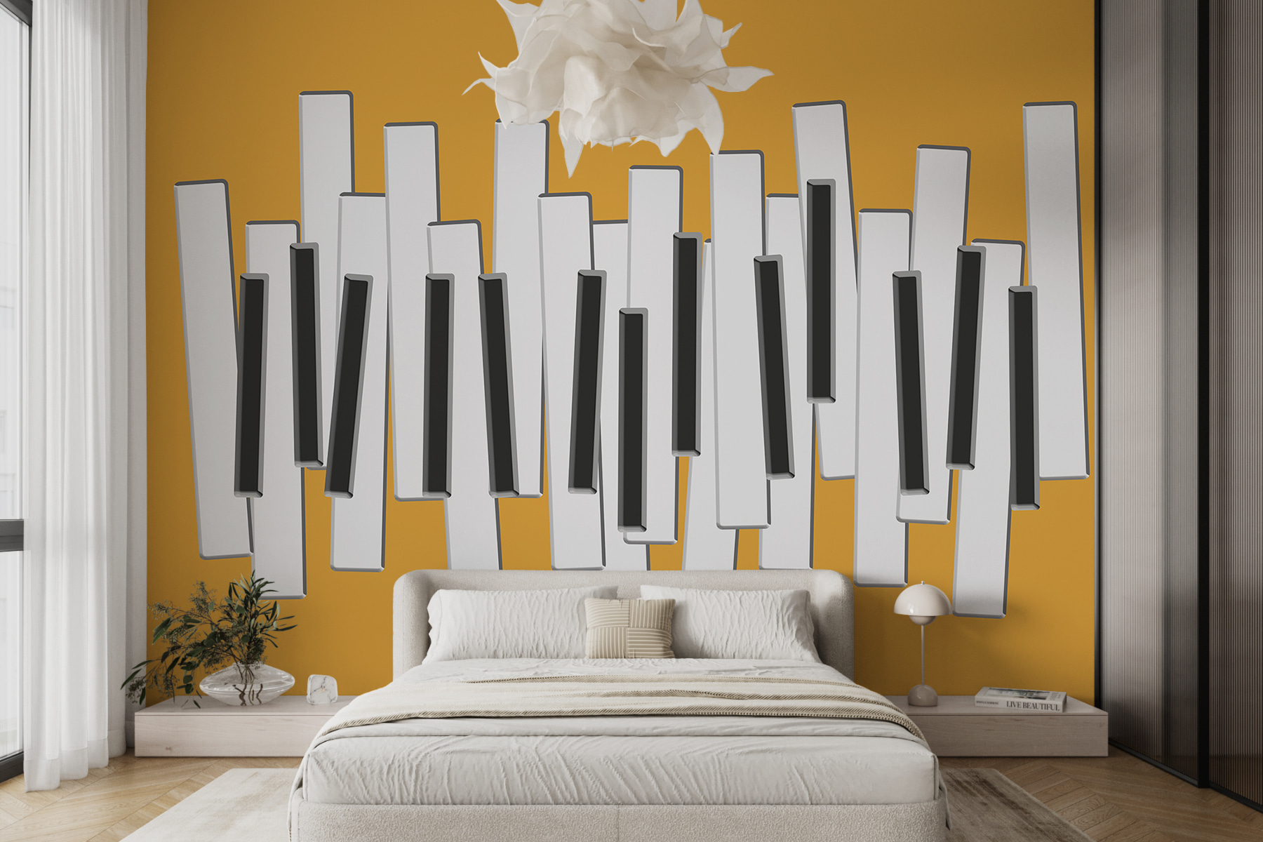 Piano keys on a yellow background