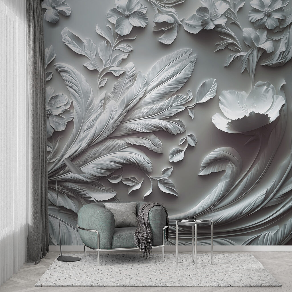 White wall with flowers and leaves White wall with flowers and leaves