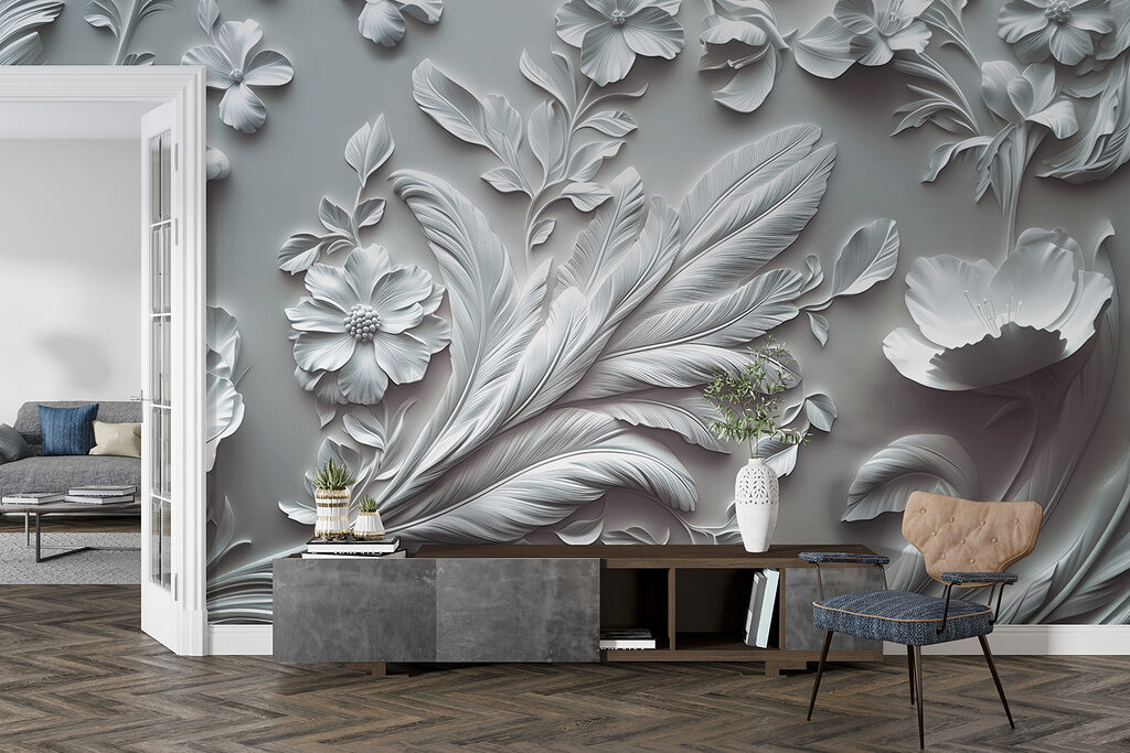 White wall with flowers and leaves White wall with flowers and leaves