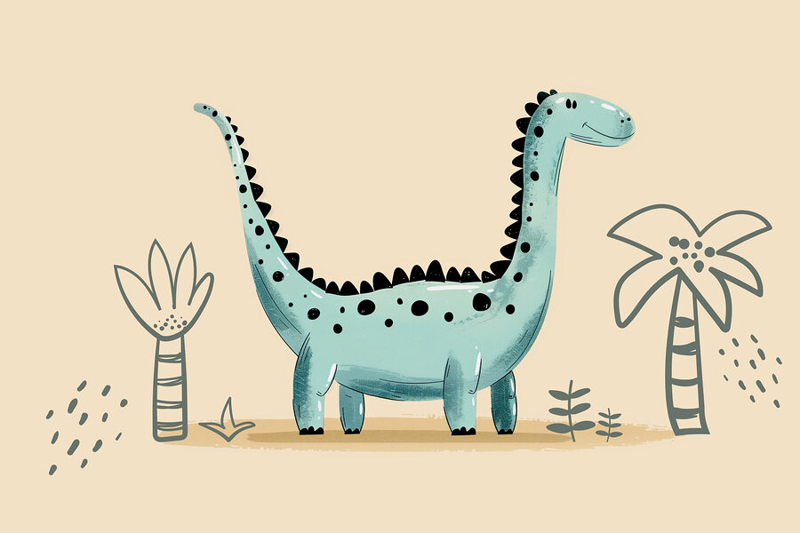 Dinossauro dos desenhos animados com plantas e folhas