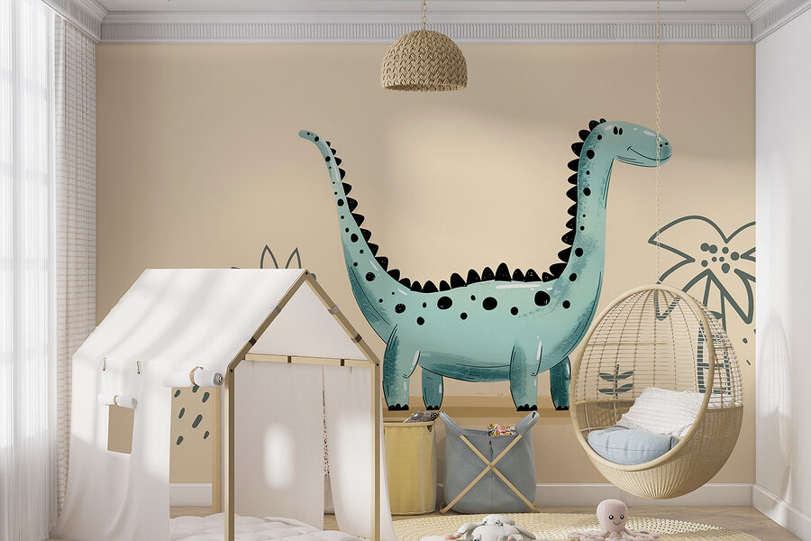 Dinossauro dos desenhos animados com plantas e folhas