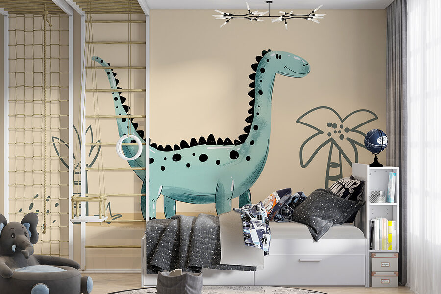 Dinossauro dos desenhos animados com plantas e folhas