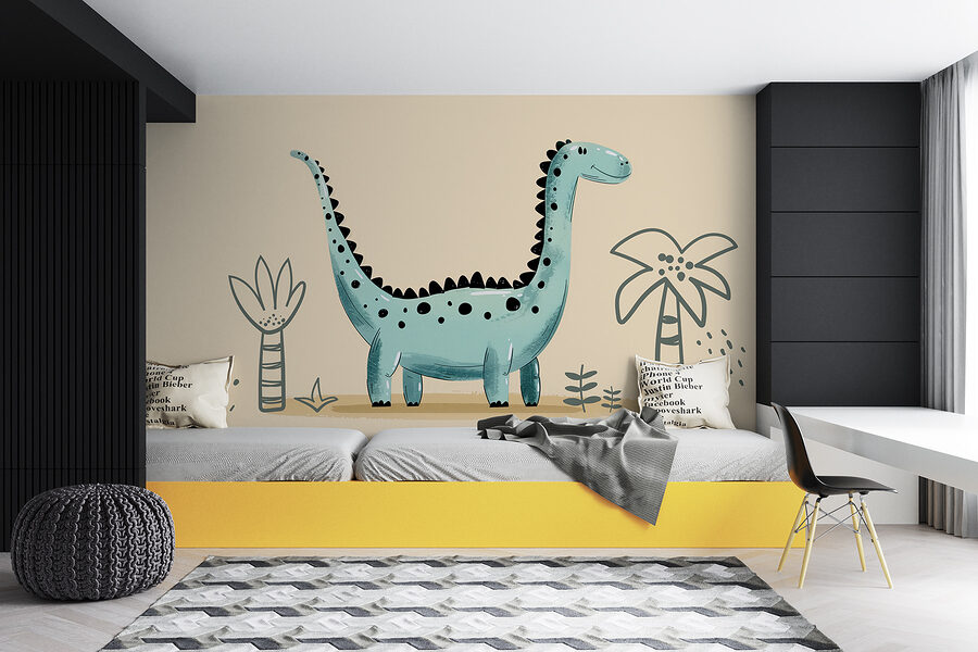 Dinossauro dos desenhos animados com plantas e folhas