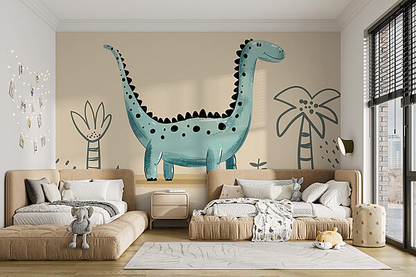 Dinossauro dos desenhos animados com plantas e folhas Dinossauro dos desenhos animados com plantas e folhas