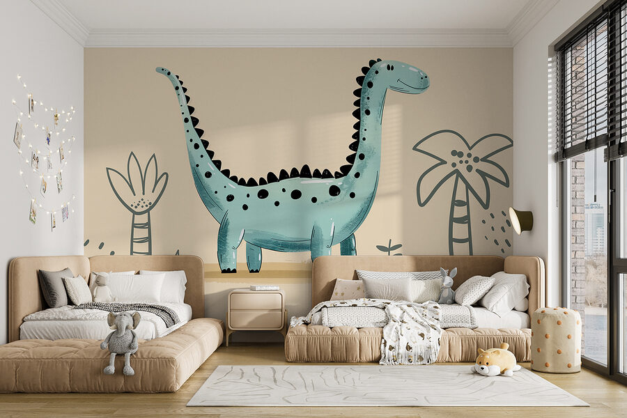 Dinossauro dos desenhos animados com plantas e folhas