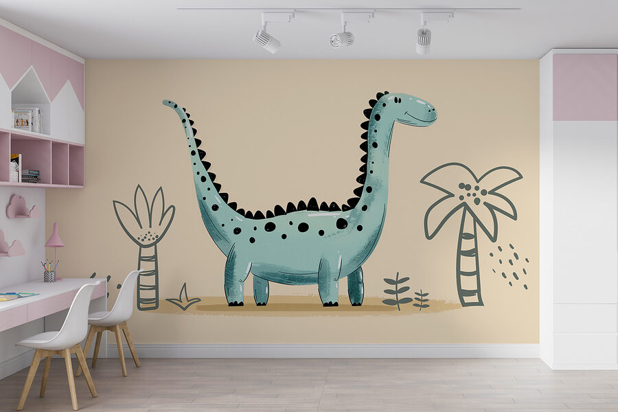 Dinossauro dos desenhos animados com plantas e folhas