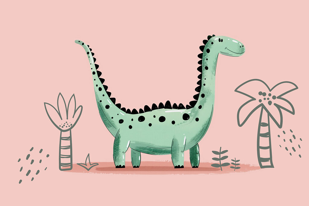 Cartoon dinosaur with plants and leaves Cartoon dinosaur with plants and leaves
