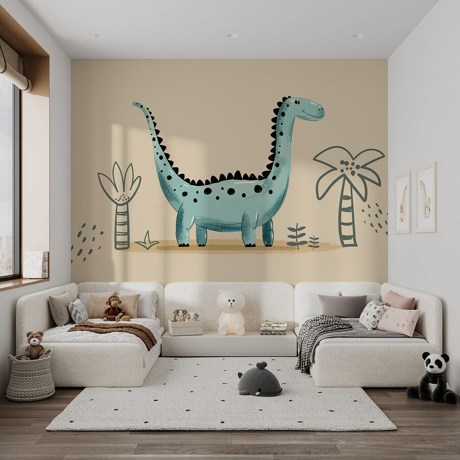 Dinossauro dos desenhos animados com plantas e folhas