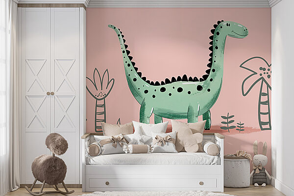 Papel de parede Papel de parede Dinossauro dos desenhos animados com plantas e folhas (REF: w01357)