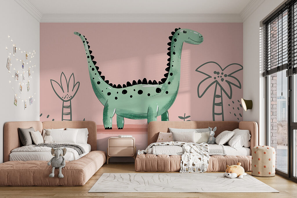 Cartoon dinosaur with plants and leaves Cartoon dinosaur with plants and leaves