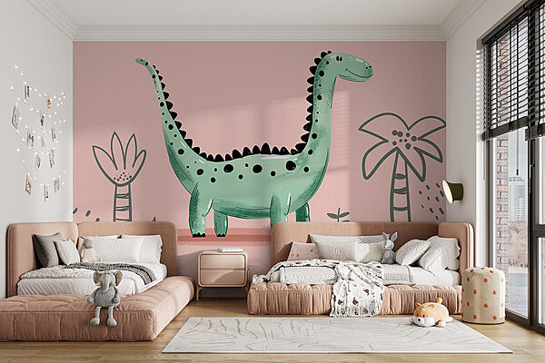Cartoon dinosaur with plants and leaves Cartoon dinosaur with plants and leaves