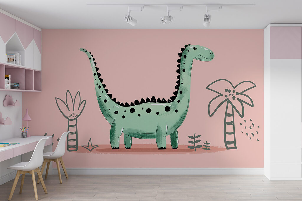 Cartoon dinosaur with plants and leaves Cartoon dinosaur with plants and leaves