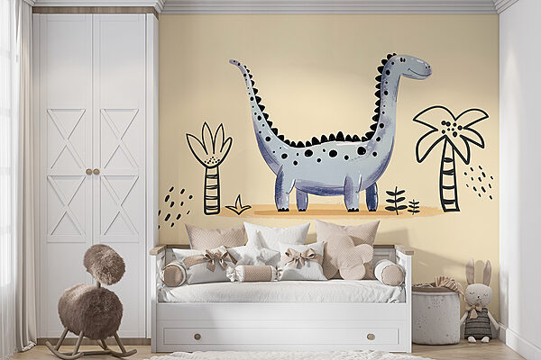 Cartoon dinosaur with plants and flowers