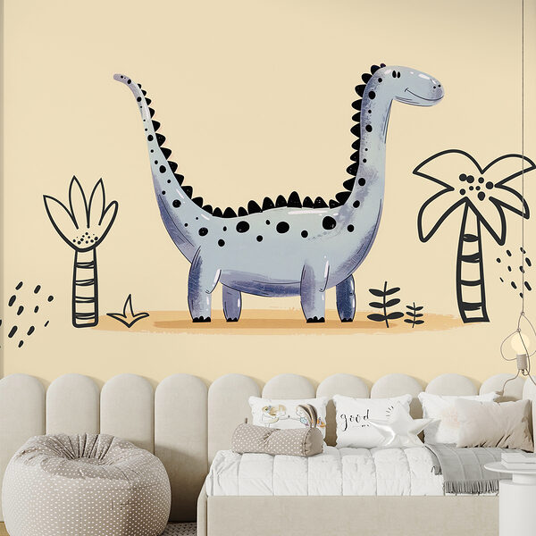 Cartoon dinosaur with plants and flowers