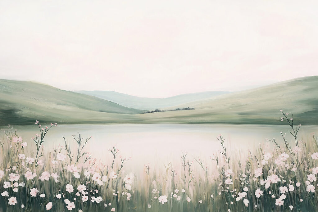 Pintura de um lago com flores Pintura de um lago com flores