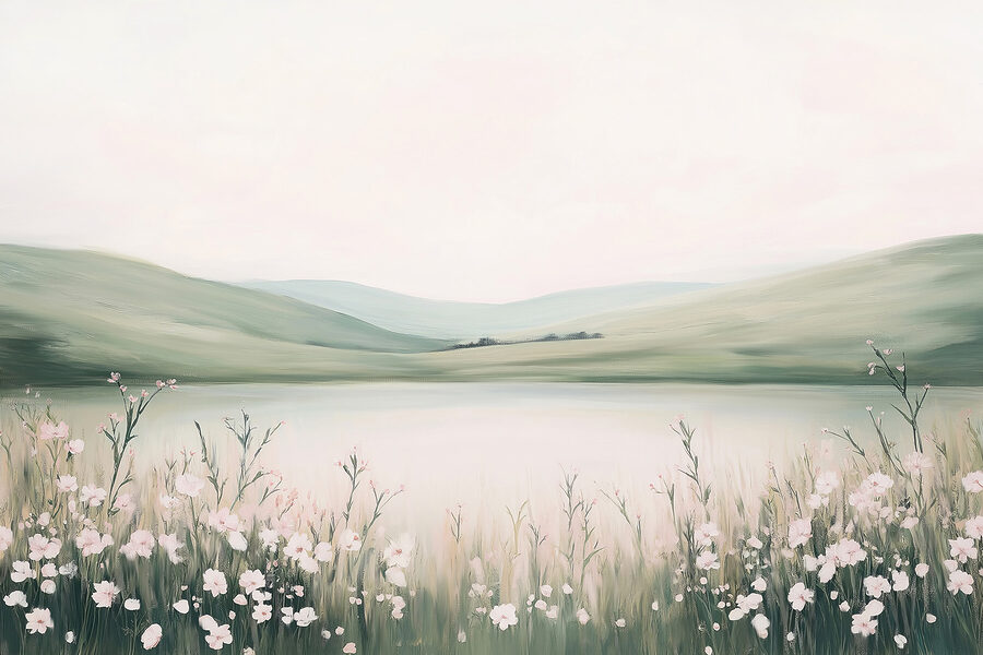 Pintura de um lago com flores