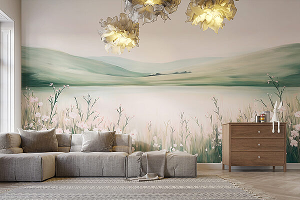 Papel de parede Papel de parede Pintura de um lago com flores (REF: w01387)