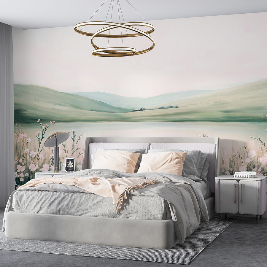 Pintura de um lago com flores