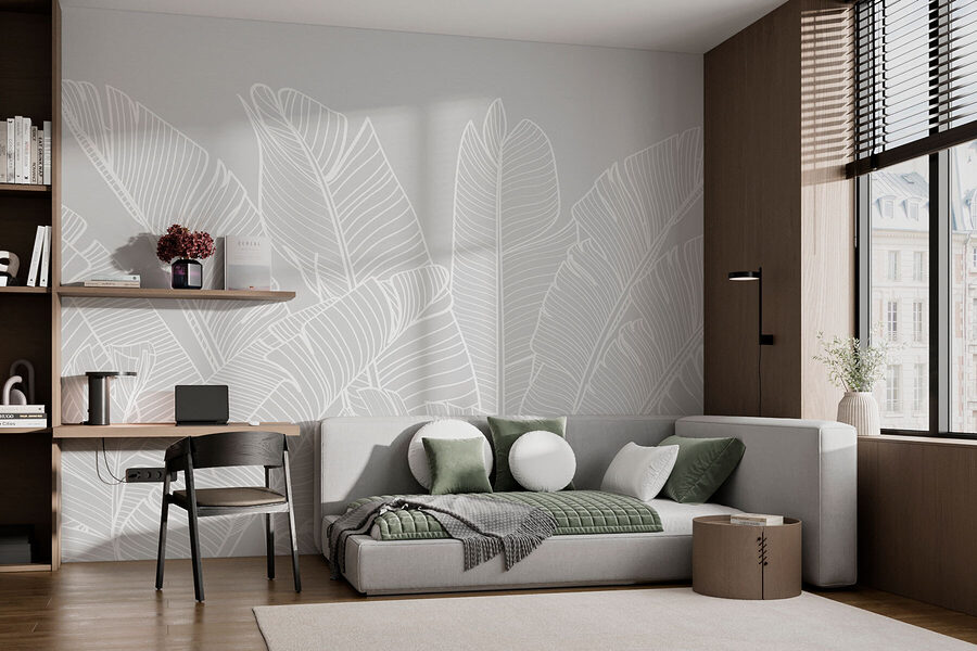 Papel de parede Desenho de linhas brancas de folhas