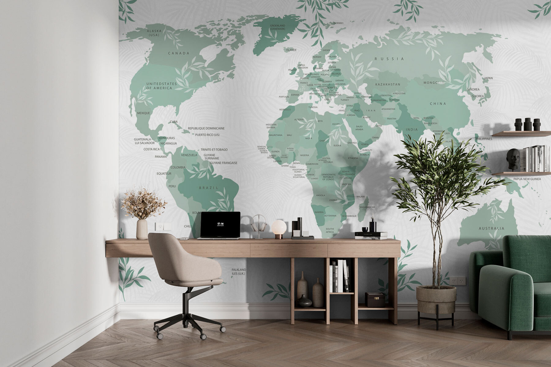Map of the world with green leaves Map of the world with green leaves