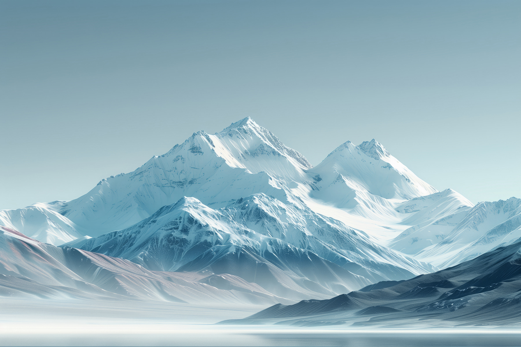 Snowy mountain range with a body of water