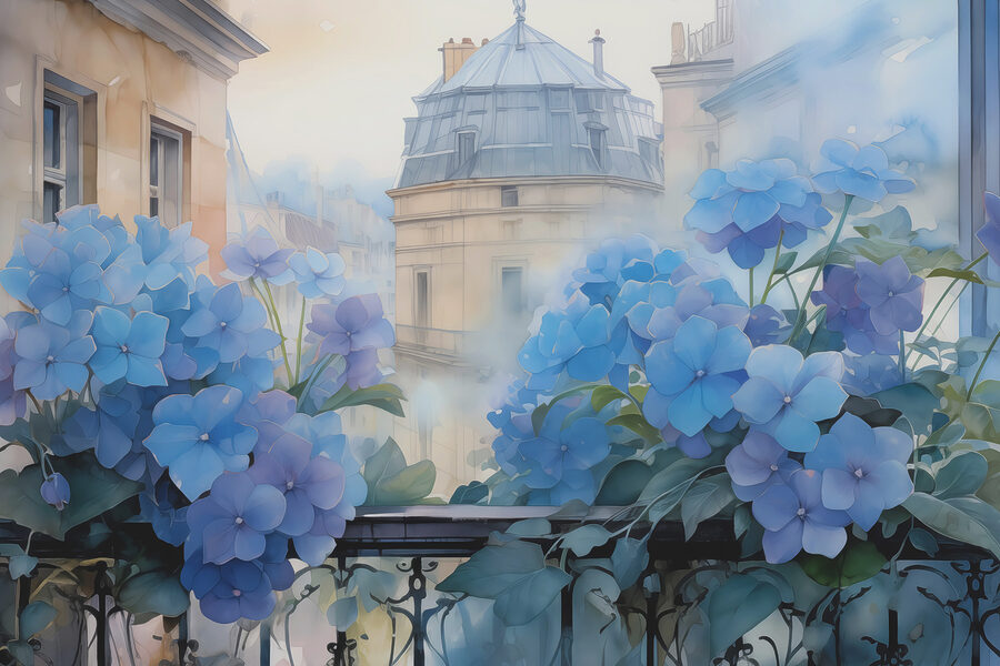 Pintura de flores azuis numa varanda