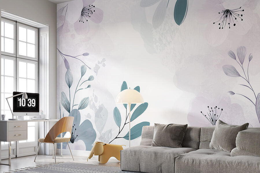 Desenho floral branco e roxo