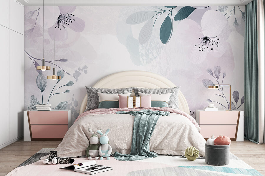 Desenho floral branco e roxo