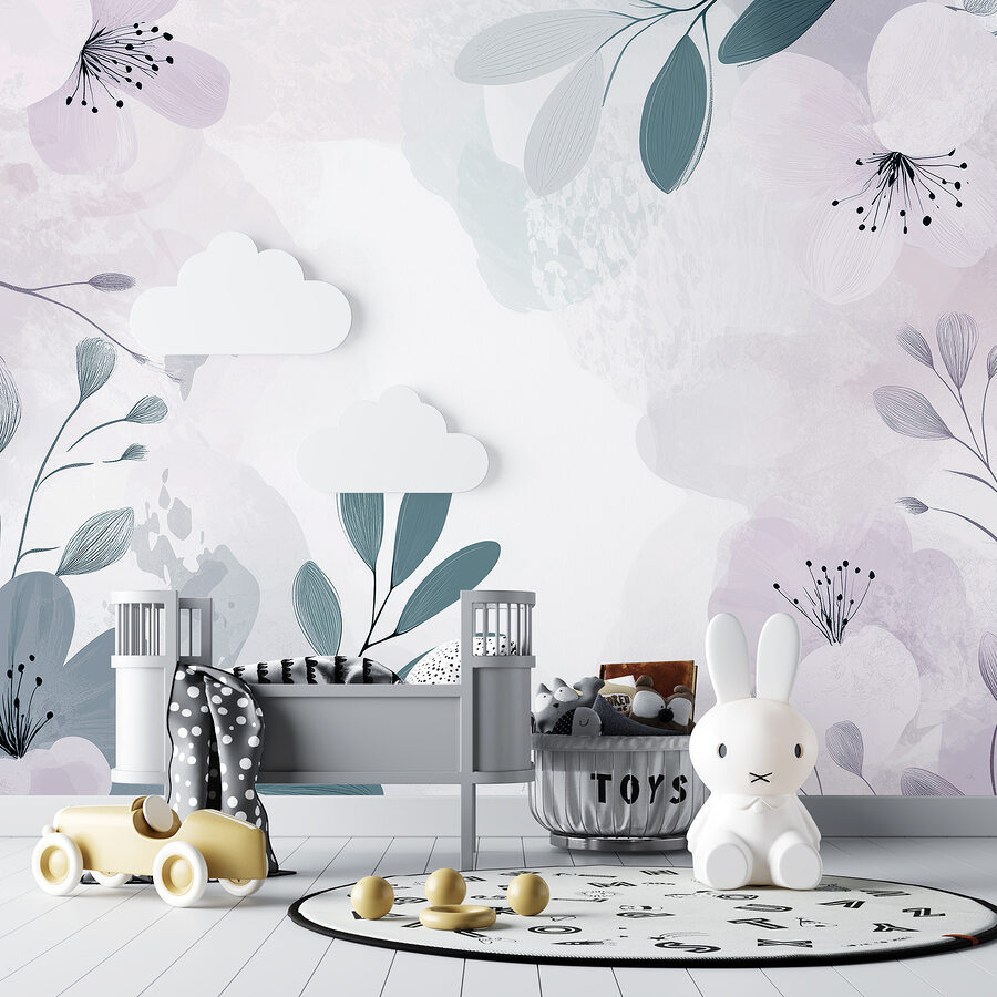 Desenho floral branco e roxo