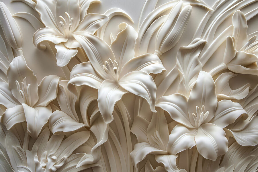 Escultura de flores brancas numa parede