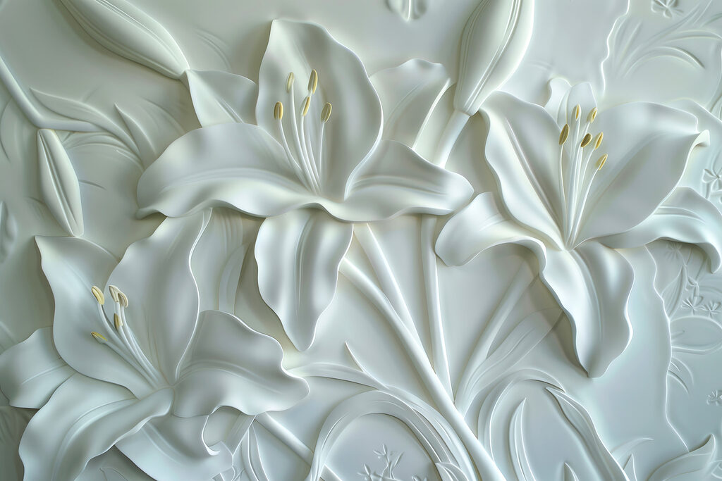 Escultura de uma flor branca numa parede Escultura de uma flor branca numa parede