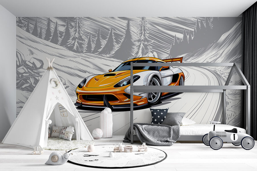 Carro desportivo amarelo e branco numa estrada com neve Carro desportivo amarelo e branco numa estrada com neve
