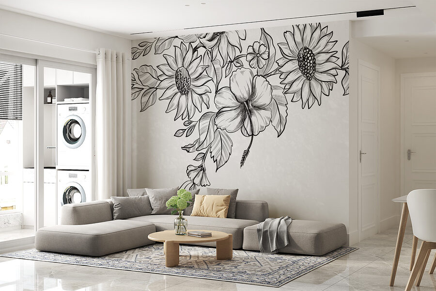 Papel de parede Desenho de flores e folhas