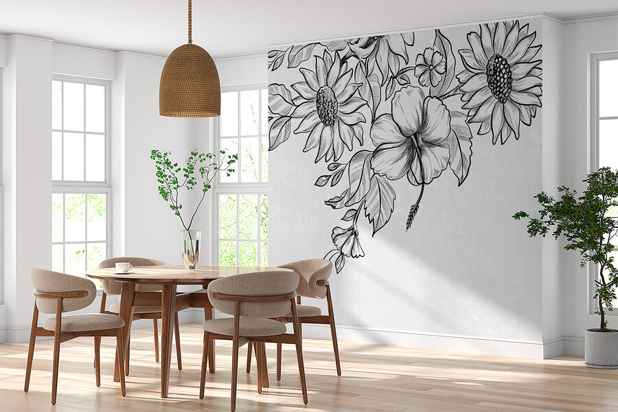 Papel de parede Desenho de flores e folhas - Image 2