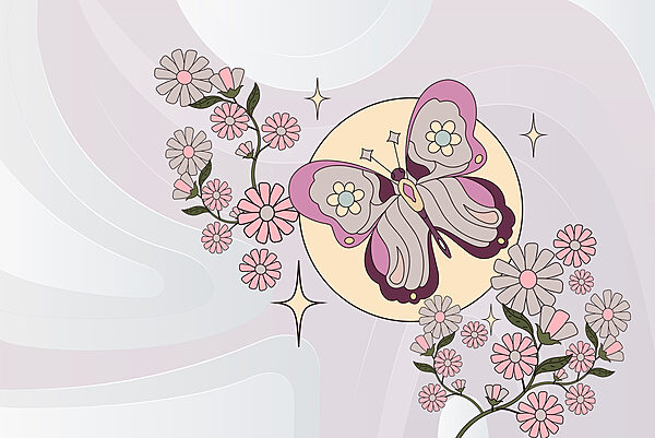 Borboleta e flores num fundo branco Borboleta e flores num fundo branco