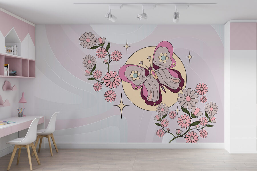 Borboleta e flores num fundo branco