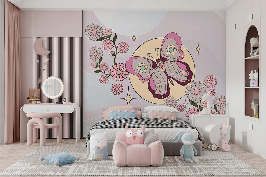 Borboleta e flores num fundo branco
